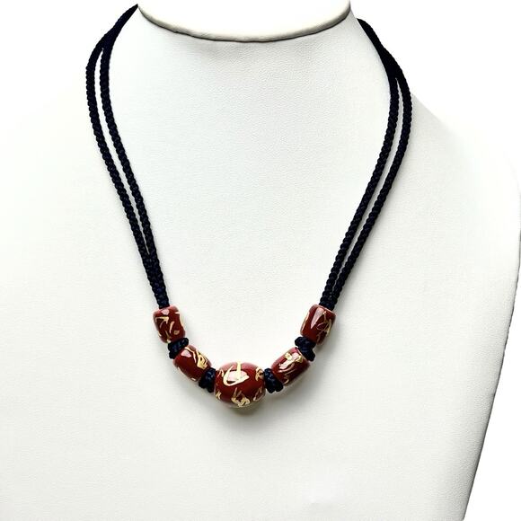 Necklace Ceramic Beads Hand Knotted Purple Gold Accents Braided Double Cord Navy - Picture 2 of 13